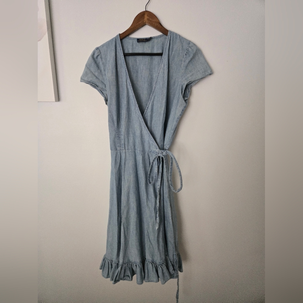 Polo Ralph Lauren Chambray denim wrap dress, ruffled hem & tie waist. Size 8.